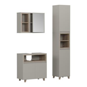 Wohnli Möbelsuche - Badmöbel-Set 3 Teile mit Hochschrank Greige/Eiche 60x61cm