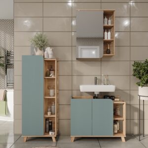 wohnli-moebel-suche-M25110959-1 Badmöbel-Set 3 Teile Sonoma/Blau 80x65cm 80x65x35cm Spanplatte Braun Vicco Möbel Badezimmermöbel