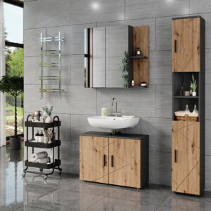 wohnli-moebel-suche-M25110971-1 Badmöbel-Set 3 Teile Anthrazit/Goldkraft Eiche 80x59cm 80x59x30cm Spanplatte Schwarz Vicco Möbel Badezimmermöbel