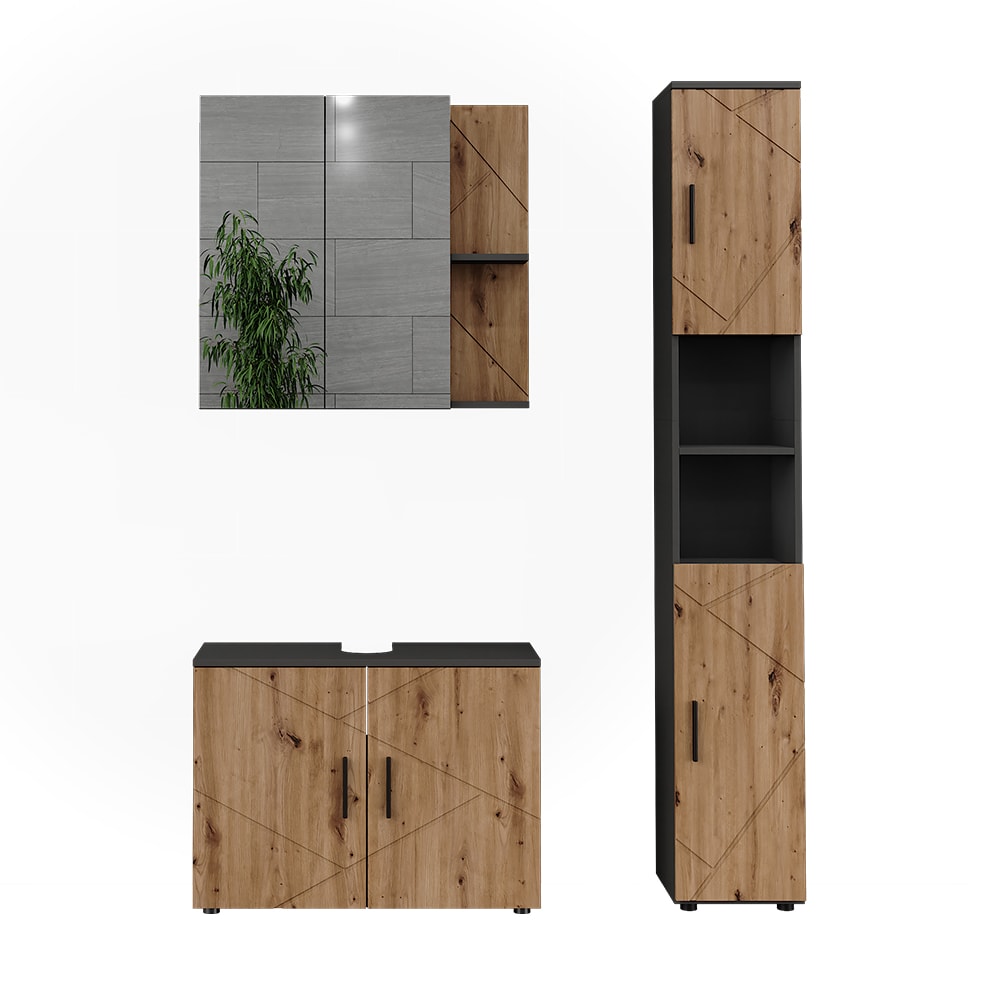 Wohnli Möbelsuche - Badmöbel-Set 3 Teile Anthrazit/Goldkraft Eiche 80x59cm