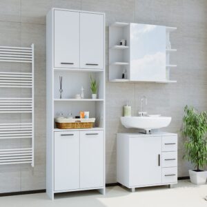 wohnli-moebel-suche-M25110995-1 Badmöbel-Set 2 Teile mit Hochschrank und Bad Spiegelschrank Weiß 60x60 60x60x33cm Spanplatte Weiß Vicco Möbel Badezimmermöbel