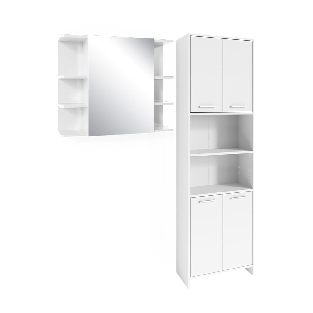 Wohnli Möbelsuche - Badmöbel-Set 2 Teile mit Hochschrank und Bad Spiegelschrank Weiß 60x60