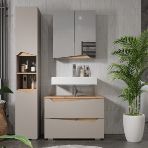 Badmöbel-Set 3 Teile mit Hochschrank Greige/Artisan 80x57.5cm 80x58x35cm Spanplatte Grau Vicco Möbel Badezimmermöbel