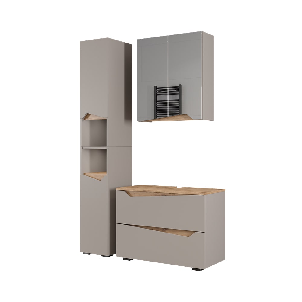 Wohnli Möbelsuche - Badmöbel-Set 3 Teile mit Hochschrank Greige/Artisan 80x57.5cm