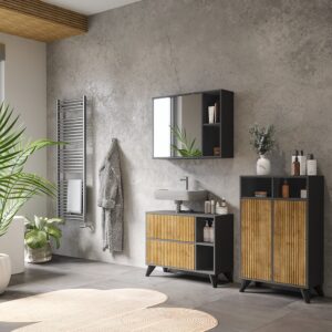wohnli-moebel-suche-M25111024-1 Midischrank mit 2 Türen Anthrazit/Bergeiche 60x97cm 60x97x30cm Spanplatte Schwarz Vicco Möbel Badezimmermöbel