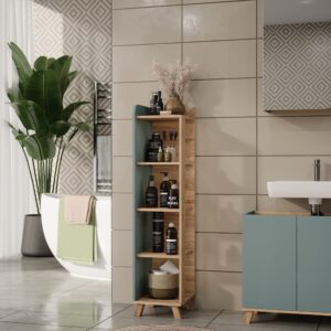 wohnli-moebel-suche-M25111031-1 Badregal mit 4 Fächern Sonoma/Blau 30x128cm 30x128x35cm Spanplatte Braun Vicco Möbel Badezimmermöbel