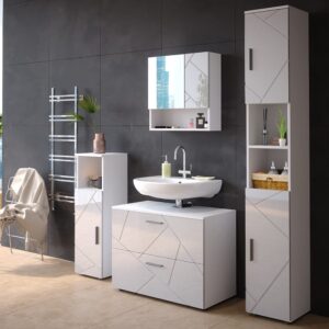 wohnli-moebel-suche-M25111034-1 Badmöbel-Set 4 Teileschrank und Hochschrank Weiß Hochglanz 80x58cm 80x58x41cm Spanplatte Weiß Vicco Möbel Badezimmermöbel