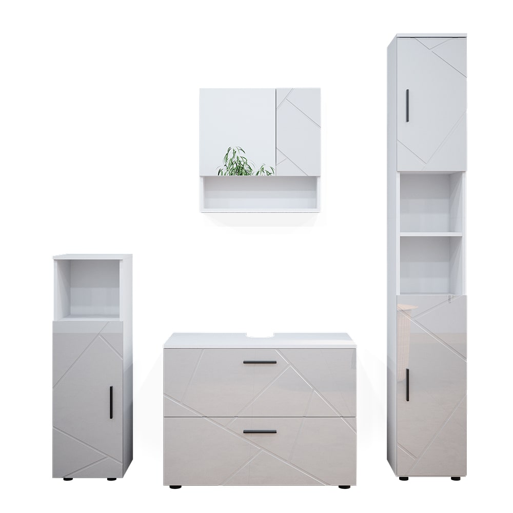 wohnli-moebel-suche-M25111034 Wohnli Möbelsuche - Badmöbel-Set 4 Teileschrank und Hochschrank Weiß Hochglanz 80x58cm