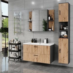 Badmöbel-Set 4 Teile Anthrazit/Goldkraft Eiche 100x57cm 100x57x45cm Spanplatte Schwarz Vicco Möbel Badezimmermöbel