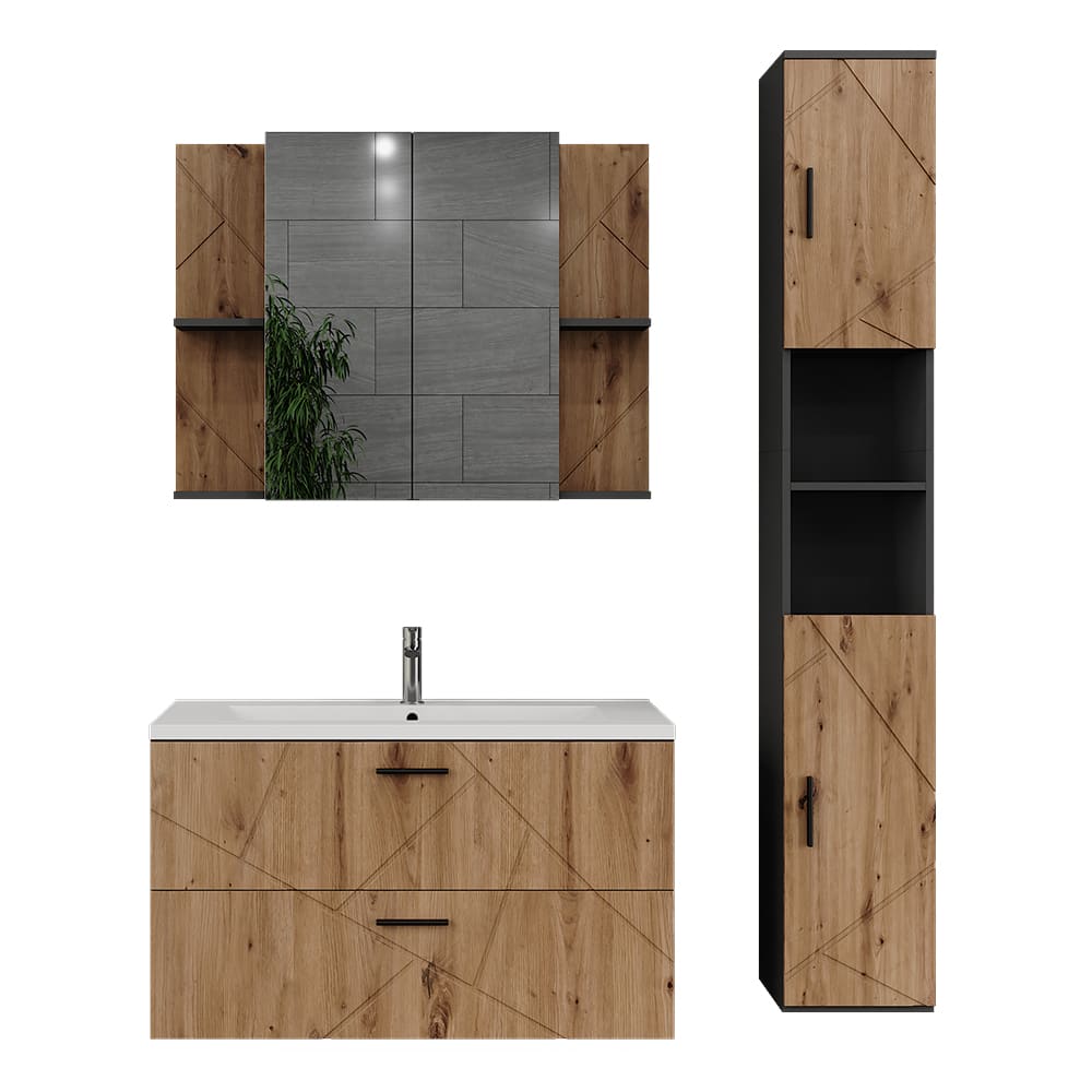 Wohnli Möbelsuche - Badmöbel-Set 4 Teile Anthrazit/Goldkraft Eiche 100x57cm