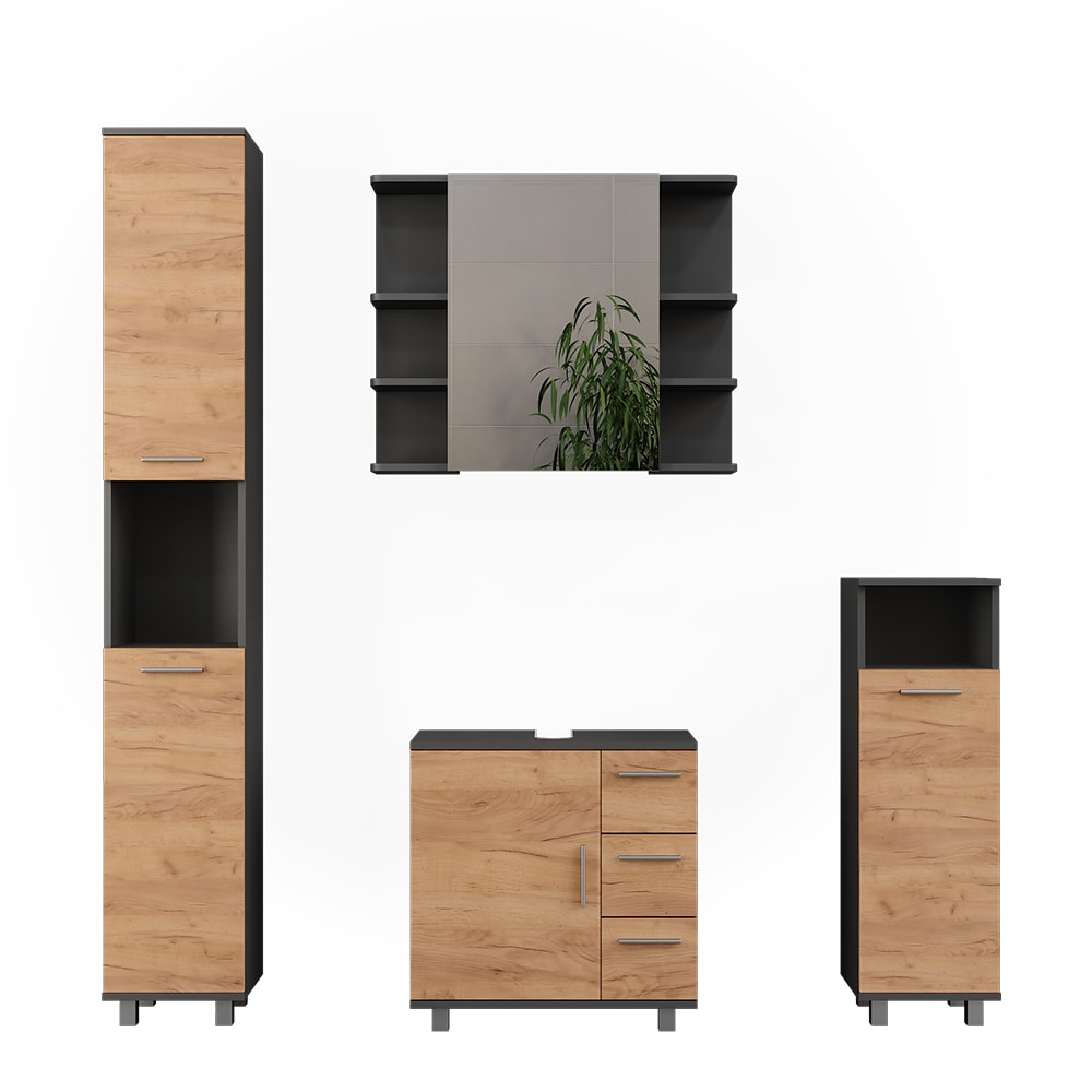 Wohnli Möbelsuche - Badmöbel-Set 4 Teile Goldkraft Eiche/Anthrazit 60.2x60.8cm