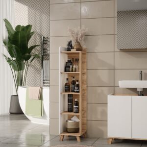 Badregal mit 4 Fächern Sonoma/Weiß 30x128cm 30x128x35cm Spanplatte Braun Vicco Möbel Badezimmermöbel