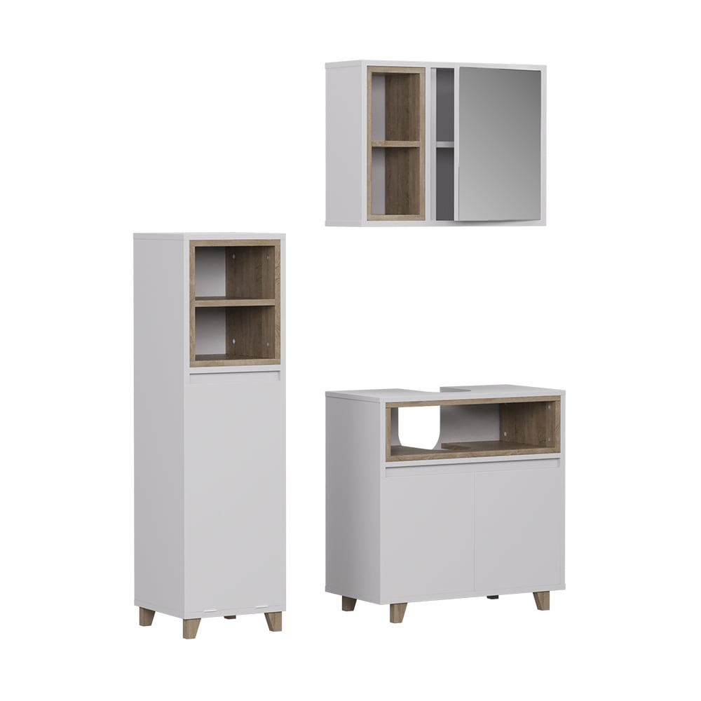Wohnli Möbelsuche - Badmöbel-Set 3 Teile mit Midischrank Weiß/Eiche 60x61cm