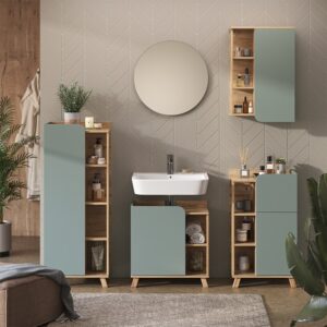 wohnli-moebel-suche-M25111145-1 Badschrank mit Tür und offenen Fächern Sonoma/Blau 50x75cm 50x75x20cm Spanplatte Braun Vicco Möbel Badezimmermöbel