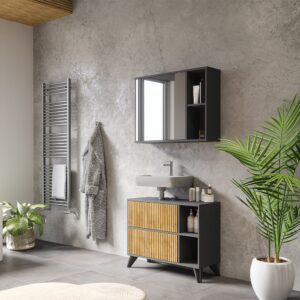 Waschbeckenunterschrank mit 2 Schubladen Anthrazit/Bergeiche 80x62cm 80x62x30cm Spanplatte Schwarz Vicco Möbel Badezimmermöbel Waschtische