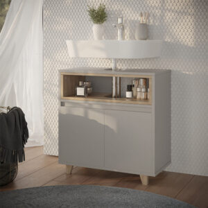 wohnli-moebel-suche-M25111310-1 Waschbeckenunterschrank mit 2 Türen Greige/Eiche 60x61cm 60x61x30cm Spanplatte Grau Vicco Möbel Badezimmermöbel Waschtische