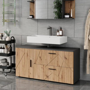 wohnli-moebel-suche-M25111315-1 Waschbeckenunterschrank mit 2 Schubladen und 1 Tür Anthrazit 120x61cm 121x61x41cm Spanplatte Schwarz Vicco Möbel Badezimmermöbel Waschtische