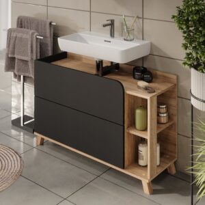 Waschbeckenunterschrank mit 2 Schubladen Sonoma/Anthrazit 100x65cm 100x65x35cm Spanplatte Braun Vicco Möbel Badezimmermöbel Waschtische