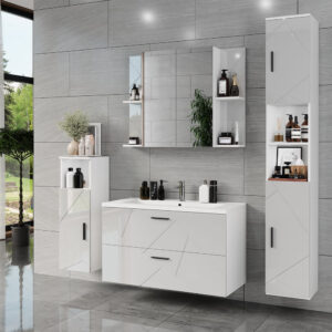 Badmöbel-Set 5 Teile Weiß Hochglanz 100x57cm 100x57x45cm Spanplatte Weiß Vicco Möbel Badezimmermöbel