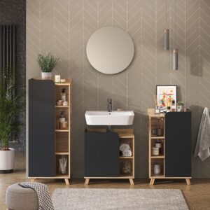 wohnli-moebel-suche-M25111724-1 Badmöbel-Set 4-teilig Sonoma/Anthrazit 60x65cm 60x65x35cm Spanplatte Braun Vicco Möbel Badezimmermöbel