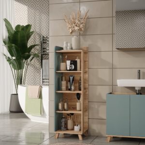 wohnli-moebel-suche-M25111744-1 Badregal mit 4 Fächern Sonoma/Blau 40x128cm 40x128x35cm Spanplatte Braun Vicco Möbel Badezimmermöbel