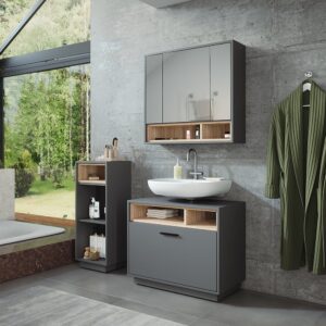 Badmöbel-Set 3 Teile mit Midischrank Anthrazit/Sonoma 80x72cm 80x64x35cm Spanplatte Schwarz Vicco Möbel Badezimmermöbel