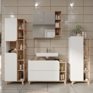 wohnli-moebel-suche-M25111761-1 Badmöbel-Set 4 Teile Sonoma/Weiß 100x65cm 100x65x35cm Spanplatte Braun Vicco Möbel Badezimmermöbel