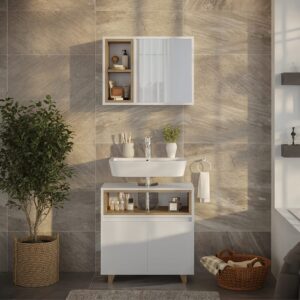 wohnli-moebel-suche-M25111762-1 Badmöbel-Set mit Spiegelschrank und Unterschrank Weiß/Eiche 60x61cm 60x61x30cm Spanplatte Weiß Vicco Möbel Badezimmermöbel