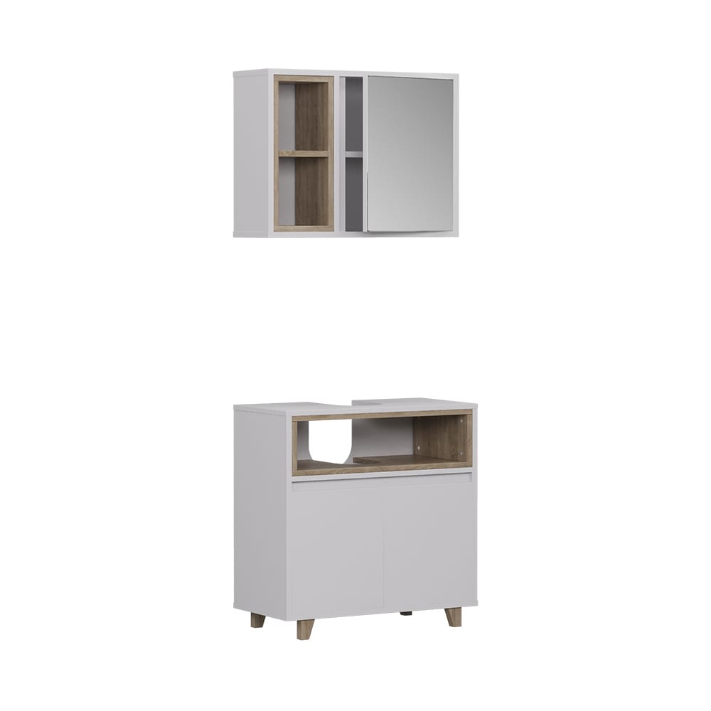 wohnli-moebel-suche-M25111762 Wohnli Möbelsuche - Badmöbel-Set mit Spiegelschrank und Unterschrank Weiß/Eiche 60x61cm