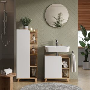 wohnli-moebel-suche-M25111770-1 Midischrank mit Tür und offenen Fächern Sonoma 50x128cm 50x128x35cm Spanplatte Braun Vicco Möbel Badezimmermöbel