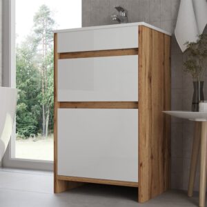 wohnli-moebel-suche-M25111780-1 Badmöbel-Set 2 Teile mit Waschbecken und 2 Schubladen Eiche 49x81cm 49x81x40cm Spanplatte Braun Vicco Möbel Badezimmermöbel