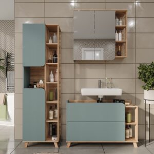 wohnli-moebel-suche-M25111792-1 Badmöbel-Set 3 Teile Sonoma/Blau 100x65cm 100x65x35cm Spanplatte Braun Vicco Möbel Badezimmermöbel