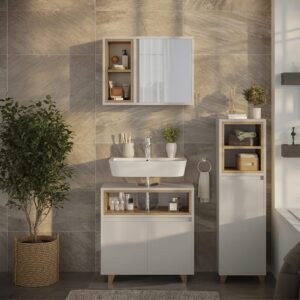 wohnli-moebel-suche-M25111794-1 Badmöbel-Set 3 Teile mit Midischrank Greige/Eiche 60x61cm 60x61x30cm Spanplatte Grau Vicco Möbel Badezimmermöbel