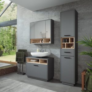 Badmöbel-Set 3 Teile mit Hochschrank Anthrazit/Sonoma 80x72cm 80x64x35cm Spanplatte Schwarz Vicco Möbel Badezimmermöbel
