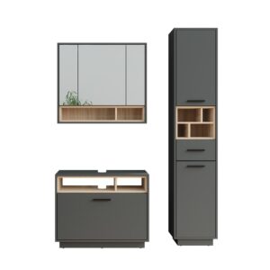 Wohnli Möbelsuche - Badmöbel-Set 3 Teile mit Hochschrank Anthrazit/Sonoma 80x72cm