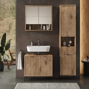 wohnli-moebel-suche-M25111895-1 Badschrank mit Tür und Schublade Viking Oak 40x190cm 40x190x35cm Spanplatte Braun Vicco Möbel Badezimmermöbel Bad-Hochschränke