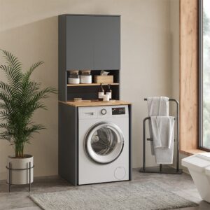 Waschmaschinenschrank 2 Teile mit Regal Anthrazit 68x88.2cm 68x89x60cm Spanplatte Schwarz Vicco Möbel Badezimmermöbel Bad-Hochschränke