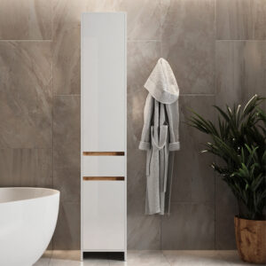 Badschrank mit 2 Türen und eine Schublade Weiß Hochglanz 35x190cm 35x190x35cm Spanplatte Weiß Vicco Möbel Badezimmermöbel Bad-Hochschränke
