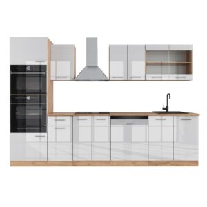 Wohnli Möbelsuche - Küchenzeile mit Hochschrank AP Eiche Weiß Hochglanz 300x81