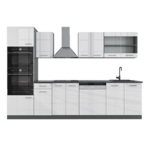 Wohnli Möbelsuche - Küchenzeile mit Hochschrank AP Anthrazit Weiß Hochglanz 300x81