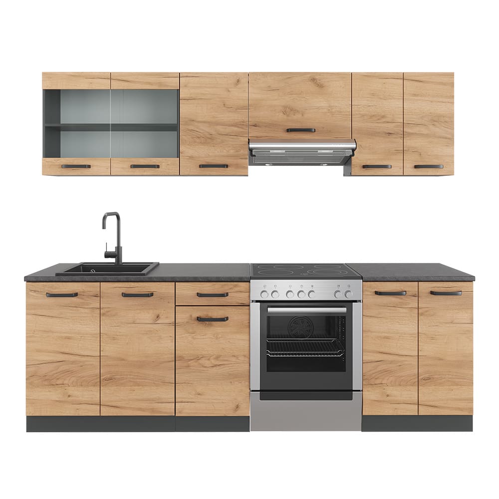 wohnli-moebel-suche-M25120197 Wohnli Möbelsuche - Küchenzeile AP Schwarz gemustert Goldkraft Eiche 240x81