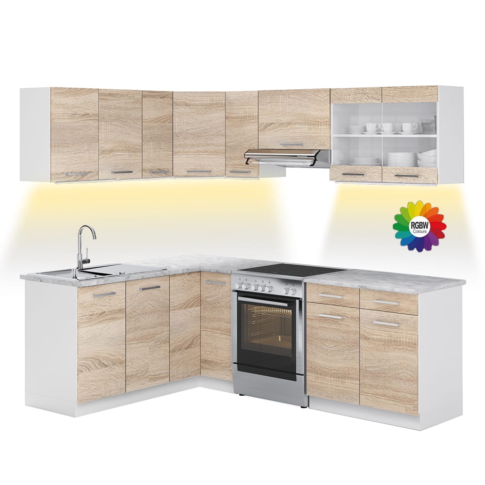 wohnli-moebel-suche-M25120455 Wohnli Möbelsuche - Eckküche AP Marmor mit LED-Leisten Weiß/Sonoma 227x81
