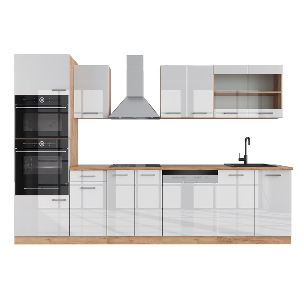 wohnli-moebel-suche-M25120620 Wohnli Möbelsuche - Küchenzeile mit Hochschrank ohne Arbeitsplatte Weiß Hochglanz 300x81
