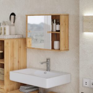 wohnli-moebel-suche-M25125204-1 Badezimmerspiegel mit 2 Schiebe-Spiegeltüren Bambus 55x40cm 55x40x14cm Bambus Braun Vicco Möbel Badezimmermöbel