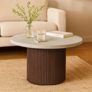 wohnli-moebel-suche-M25133319-1 Skandinavischer runder Couchtisch 70 cm FSC aus dunklem Holz 70x45x70cm Holz Braun Oviala Möbel Wohnzimmermöbel Couchtische