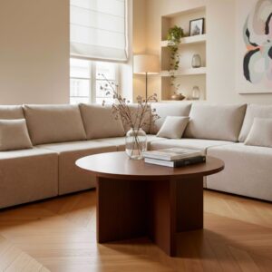 wohnli-moebel-suche-M25133333-1 Skandinavischer runder Couchtisch 80 cm in dunkler Holzoptik 0x45x0cm Holz Braun Oviala Möbel Wohnzimmermöbel Couchtische