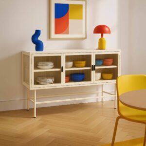 wohnli-moebel-suche-M25133640-1 Modernes 3-türiges Sideboard 120 cm aus Metall und ecrufarbenem Glas 120x66x40cm Stahl Weiß Oviala Möbel Esszimmermöbel Sideboards, Highboards & niedrige Anrichten