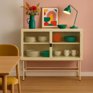 Modernes 2-türiges Sideboard 110 cm aus Metall und ecrufarbenem Glas 110x90x43cm Stahl Weiß Oviala Möbel Esszimmermöbel Sideboards, Highboards & niedrige Anrichten