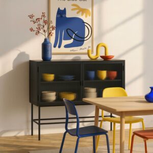 wohnli-moebel-suche-M25133648-1 Modernes 2-türiges Sideboard 110 cm aus Metall und schwarzem Glas 110x90x43cm Stahl Schwarz Oviala Möbel Esszimmermöbel Sideboards, Highboards & niedrige Anrichten