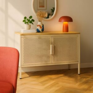wohnli-moebel-suche-M25133670-1 Modernes Sideboard mit 2 Türen L 100 cm aus ecrufarbenem Metall 100x60x40cm Stahl Weiß Oviala Möbel Esszimmermöbel Sideboards, Highboards & niedrige Anrichten